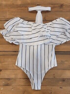 White and Black Striped Off-Shoulder Bodysuit With Attched Choker